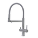 A three way filter tap in brushed nickel on white background