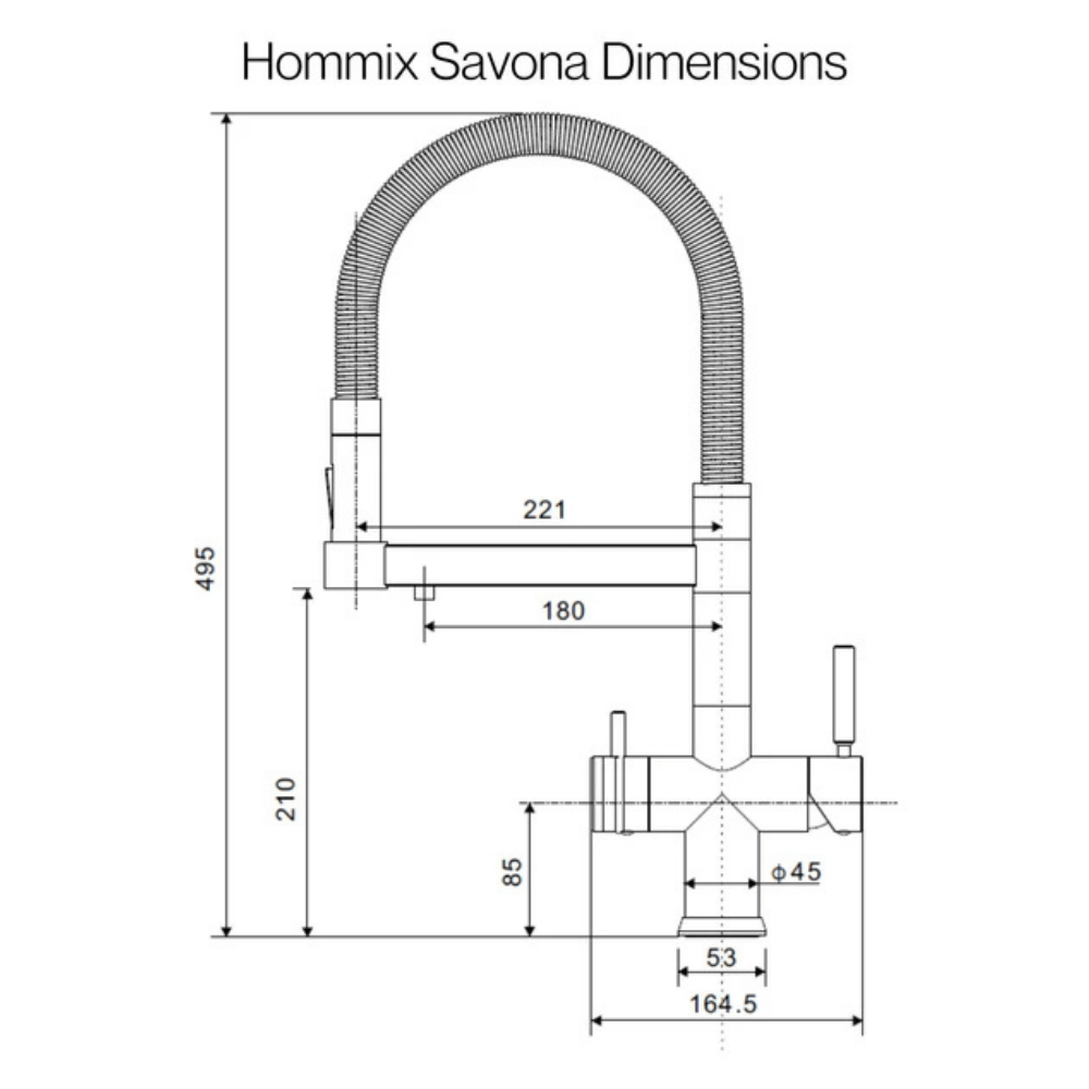 Dimensions and measurements of a triflow faucet made by hommix
