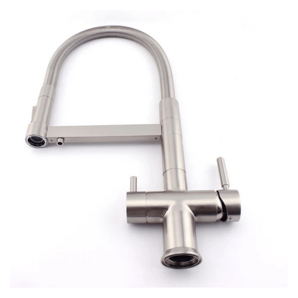 A Kitchen faucet with levers in brushed nickel lying own on a white background