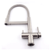 A Kitchen faucet with levers in brushed nickel lying own on a white background