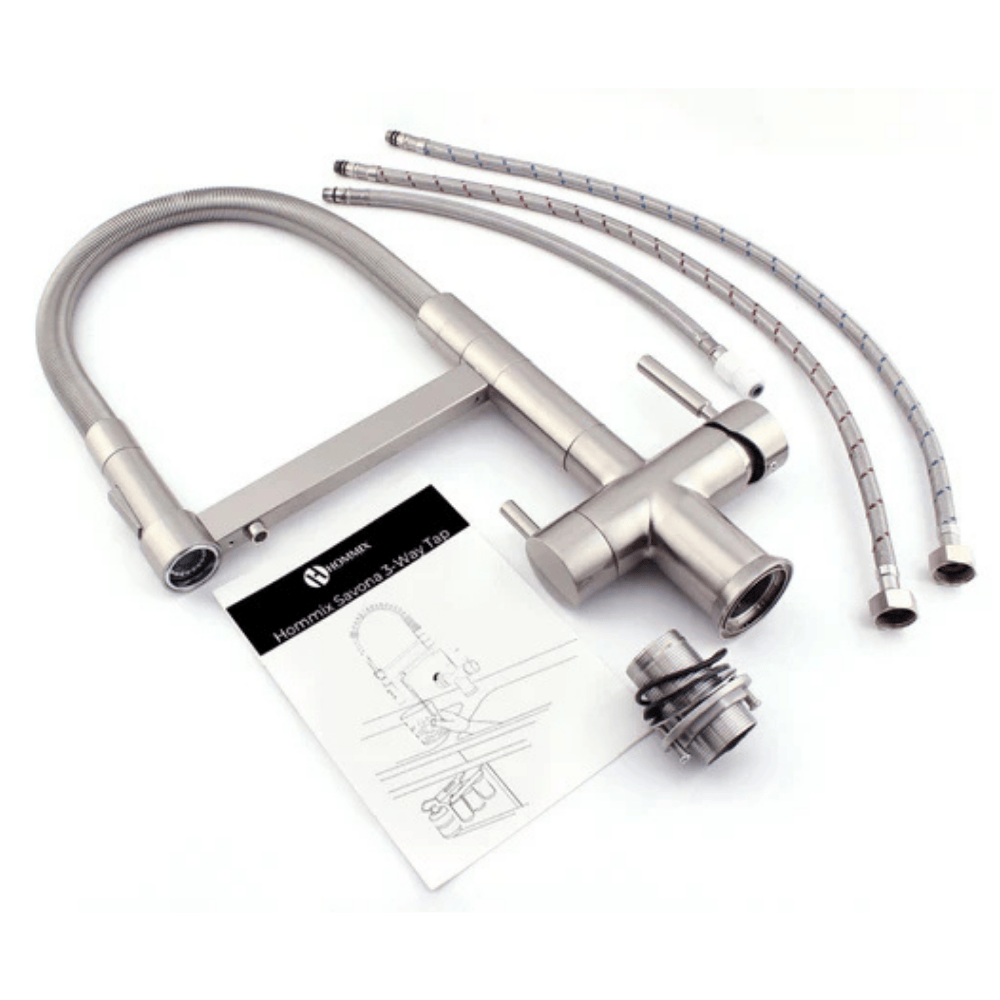 A kitchen triflow faucet with installation kit and user guide on a white background