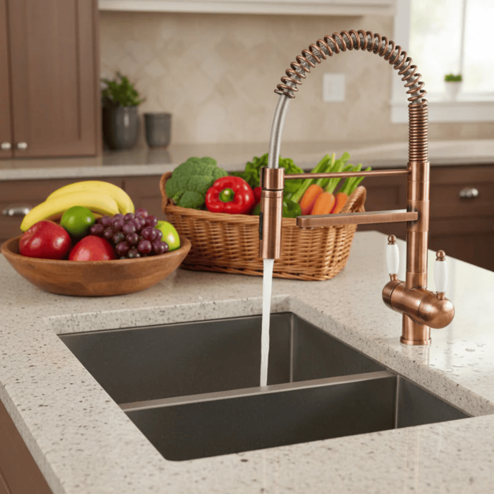 Kitchen sink with copper faucet from Hommix and fruit on countertop