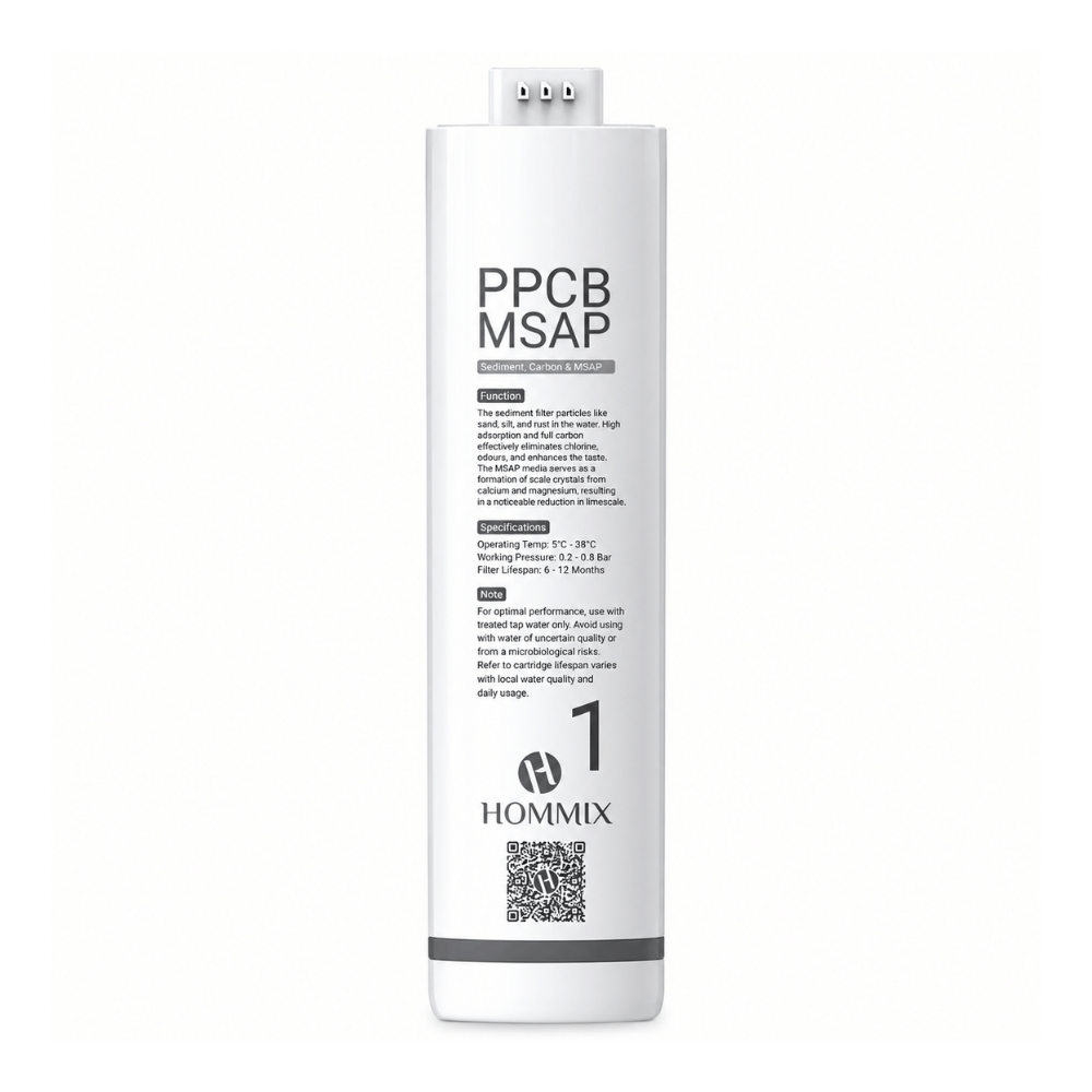 A tall white plastic replacement filter cartridge for a hair developer, labeled 'PPCB MSAP' and 'HOMMIX 1', shown on a plain white background.