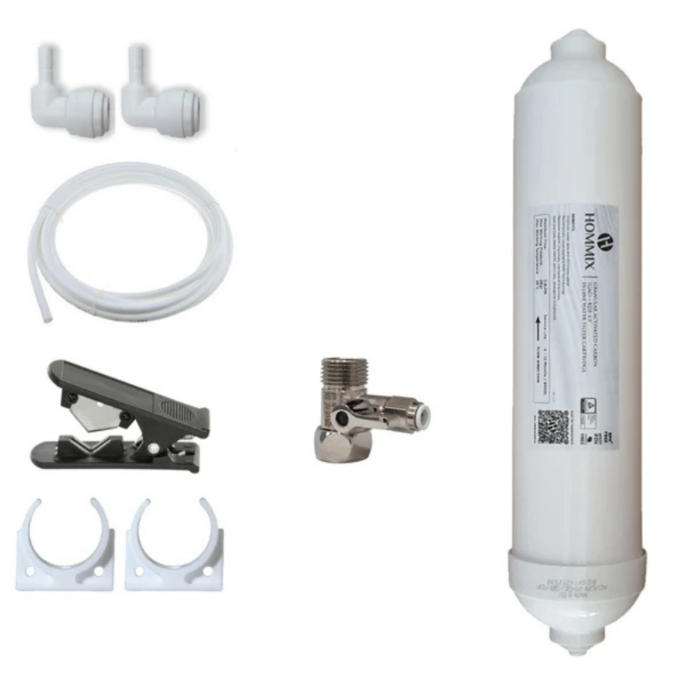 Water filter replacement kit with a white cylindrical filter cartridge, white plastic connectors, hose, metal fitting, black clamp, and two white mounting clips on a white background. The words Hommix are on the label