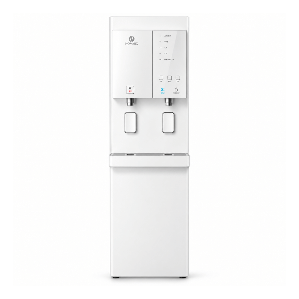 A tall freestanding water dispenser in beige with two dispensing spouts and hommix branding , all on a white background