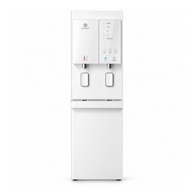 A tall freestanding water dispenser in beige with two dispensing spouts and hommix branding , all on a white background