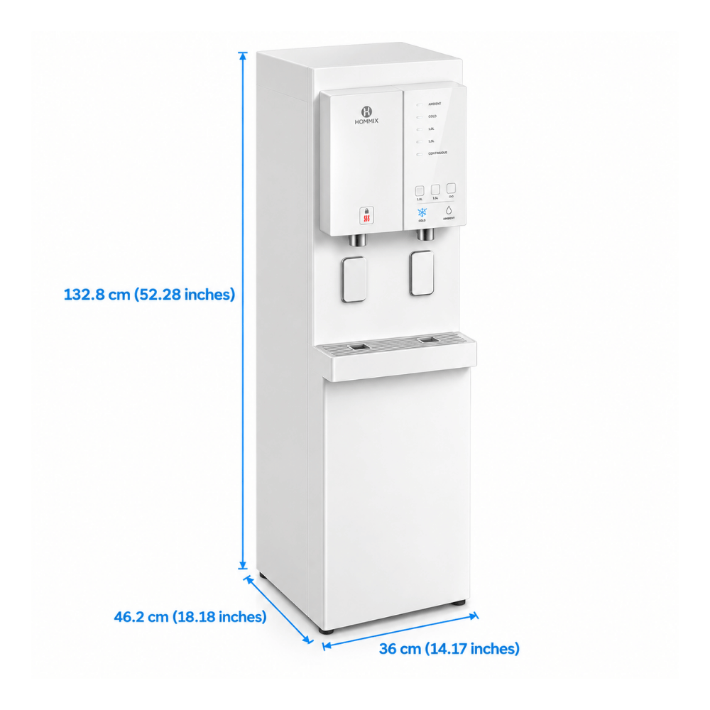 a beige standing water dispenser with measurements for height, length, width and depth, Hommix branding on the dispenser