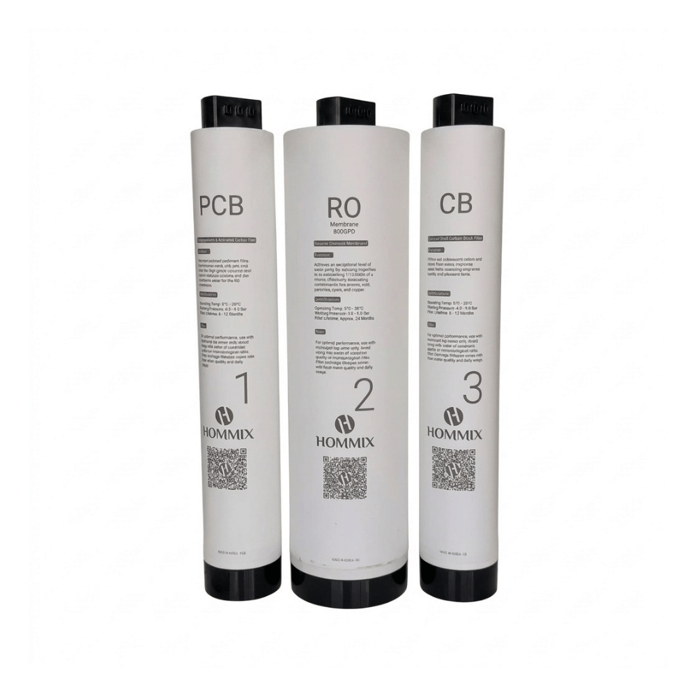Three white Hommix cylindrical water filter cartridges labeled PCB, RO, and CB with black caps and black bases, shown on a plain white background.