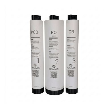 Three white Hommix cylindrical water filter cartridges labeled PCB, RO, and CB with black caps and black bases, shown on a plain white background.
