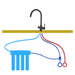 Diagram of a Hommix Pisa water faucet with blue and red pipes connected to a blue pipe fitting on a white background.