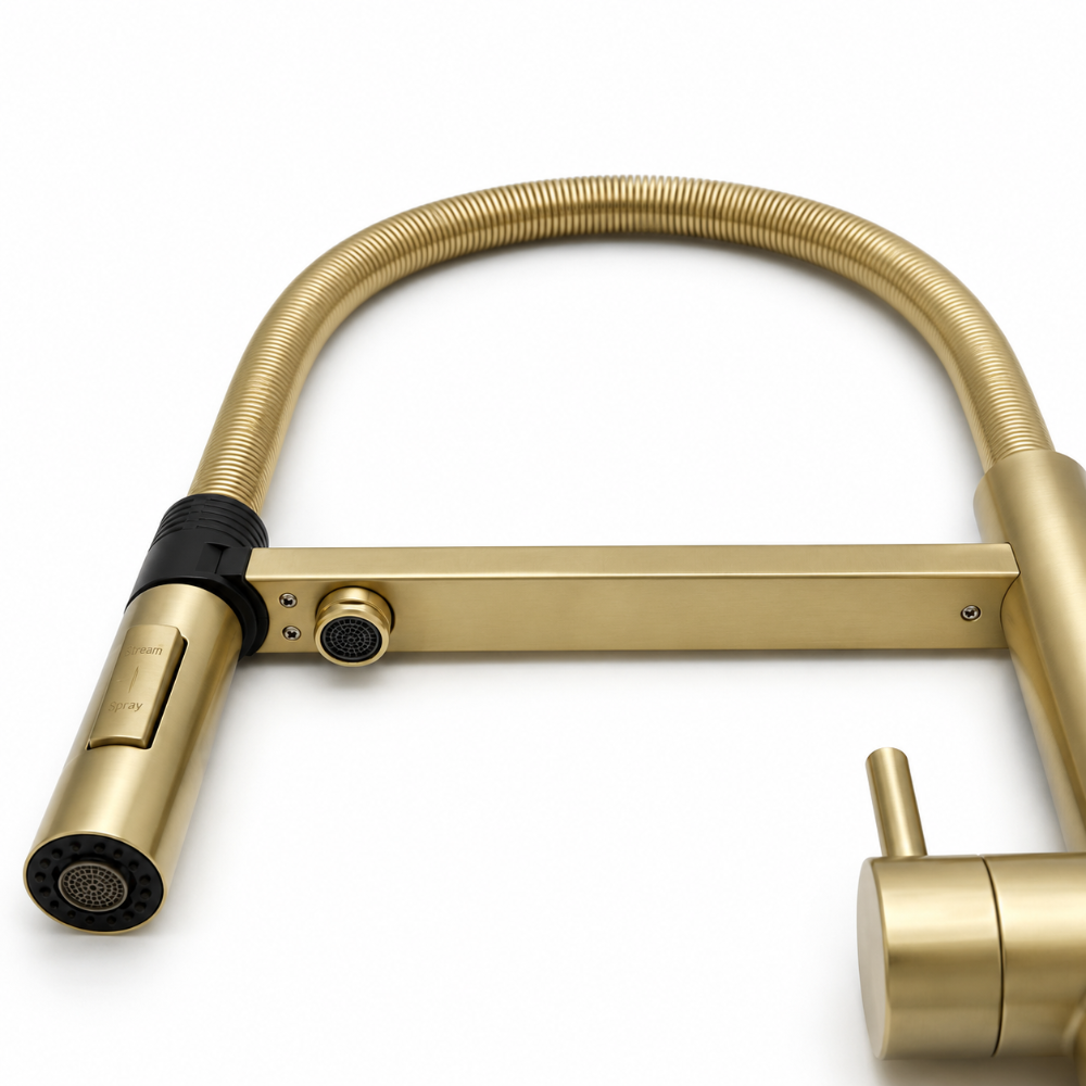 Hommix brushed brass kitchen faucet with flexible hose on a white background