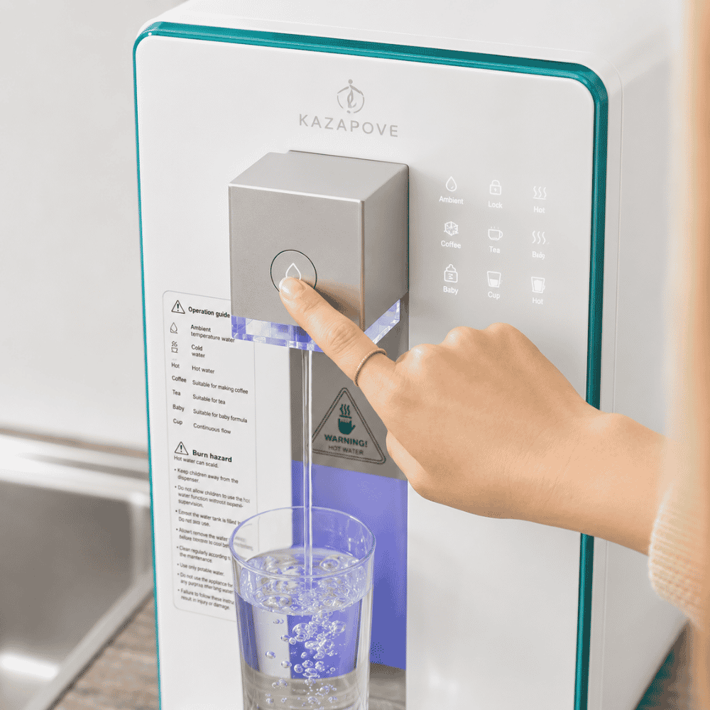 a countertop hydrogen water purifier pouring water into a glass