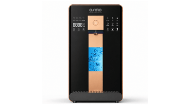 Black Hydrogen Reverse Osmosis system with wooden and blue accents on a white background