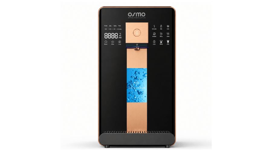 Black Hydrogen Reverse Osmosis system with wooden and blue accents on a white background