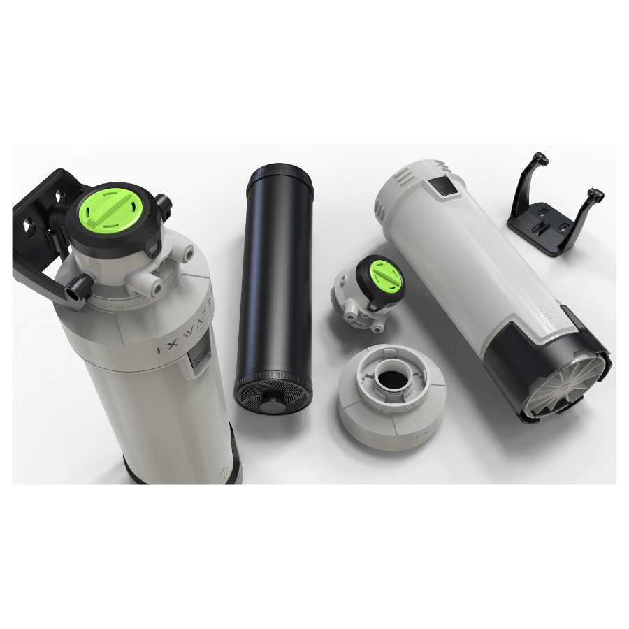 Set of components on a white background for a business water filtration system