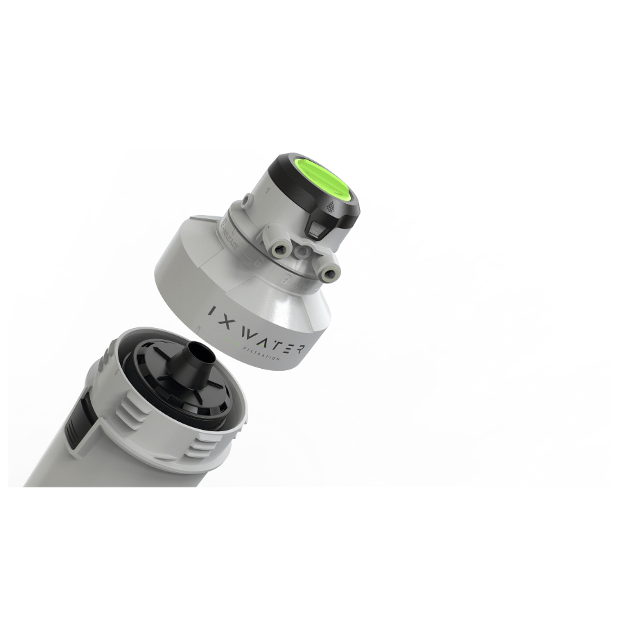 Two gray water filters with 'IX WATER' branding on a white background