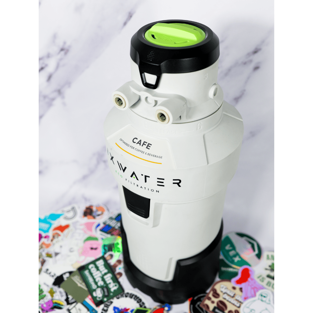 a coffee water filter with IX Water and Cafe written on