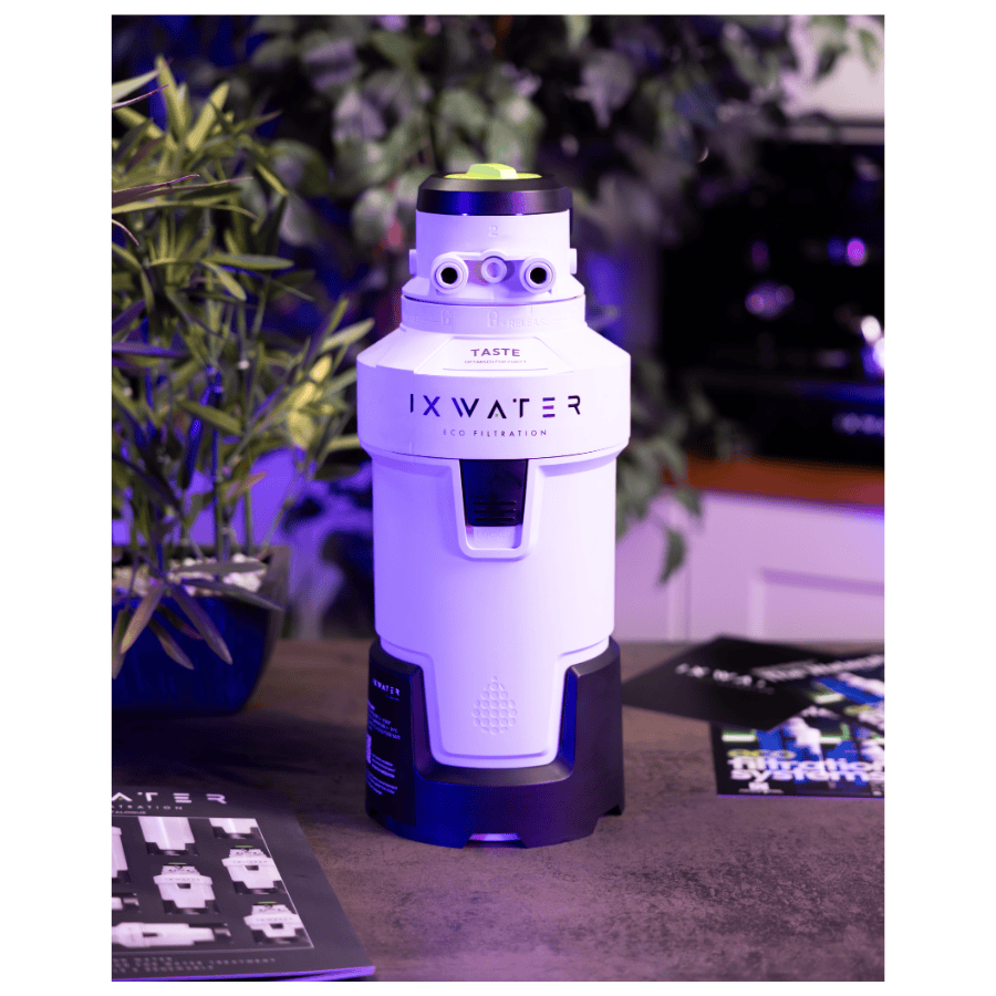 IXWater commercial water filter on a surface with a blurred background