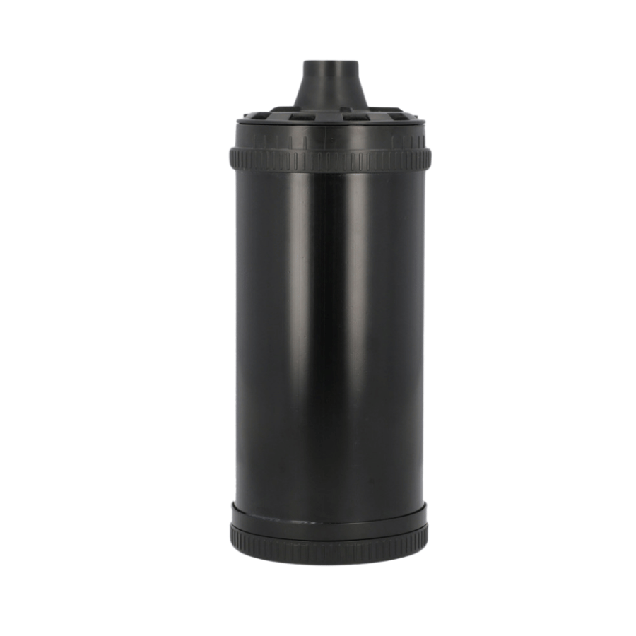 Black water filter replacement cartridge on a white background