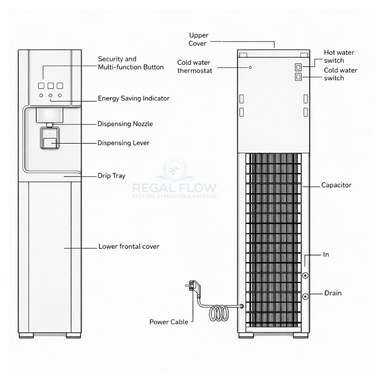 Diagram of a water dispenser with labeled parts, dimensions and drawings on a white background