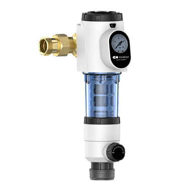 Kinetico pre filter water with a white body, black top and bottom caps, a clear blue transparent filter chamber, and a brass connector on the side, shown on a solid white background.