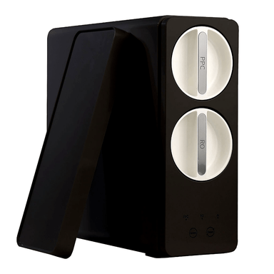 Black reverse osmosis water filter with two filters on a white background