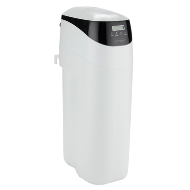White water softener with black top on a white background