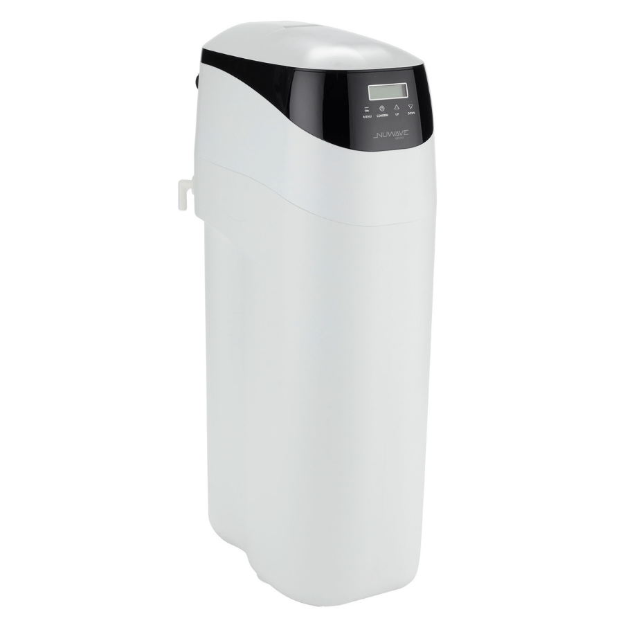 White water softener with black top on a white background