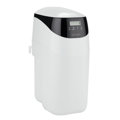 White and black nuwave water softener with a digital screen on a white background