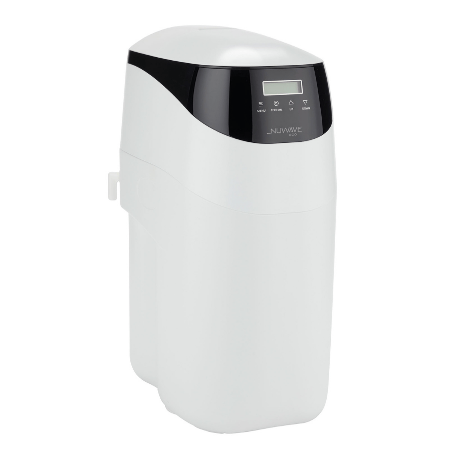 White and black nuwave water softener with a digital screen on a white background