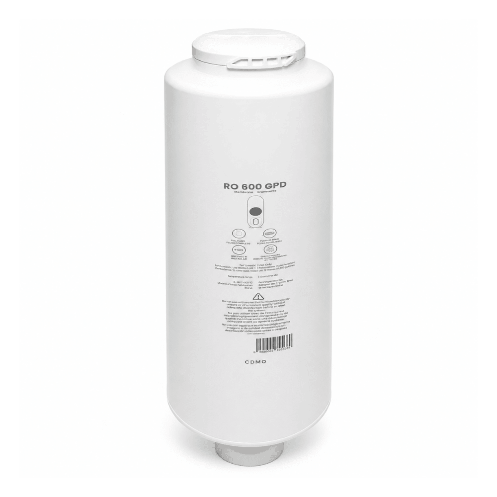 A white  Reverse Osmosis water filter cartridge with printed specifications and a barcode on the front, isolated on a white background.