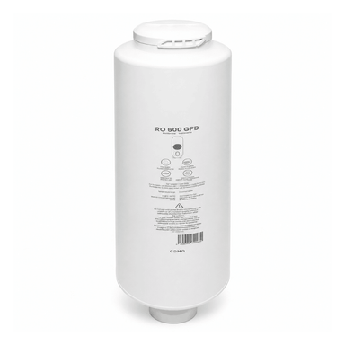 A white  Reverse Osmosis water filter cartridge with printed specifications and a barcode on the front, isolated on a white background.