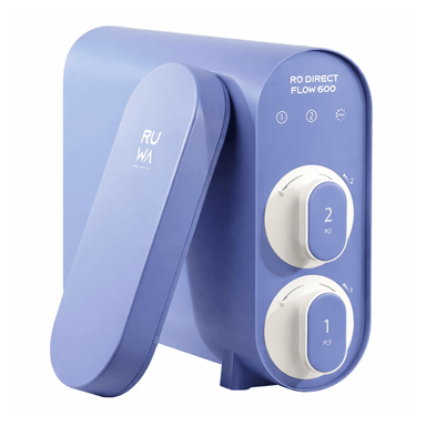 a blue reverse osmosis system with RO Direct Flow 600 and RUWA branding with the two filters