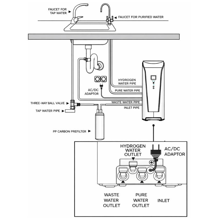 Diagram of a water filtration system with hydrogen and labeled components.