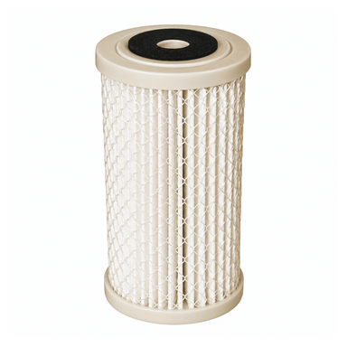 A cylindrical pleated replacement whole house filter filter with a beige plastic top and bottom and a black rubber gasket, shown on a plain white background.