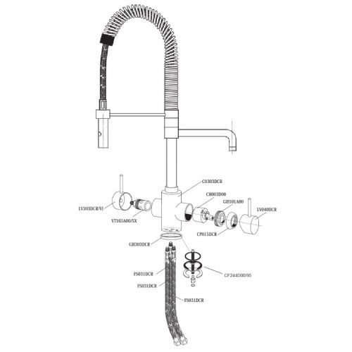 A diagram of the parts of a three way triflow tap with descriptions of each part