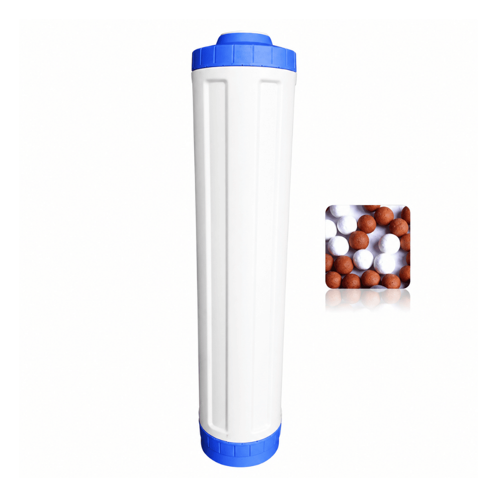 White ceramic osmio filter cartridge with blue ends on a white background