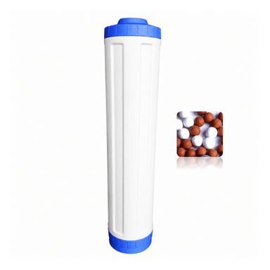White ceramic osmio filter cartridge with blue ends on a white background