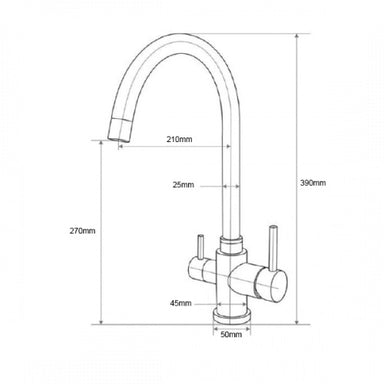 A three way triflow tap diagram with dimensions