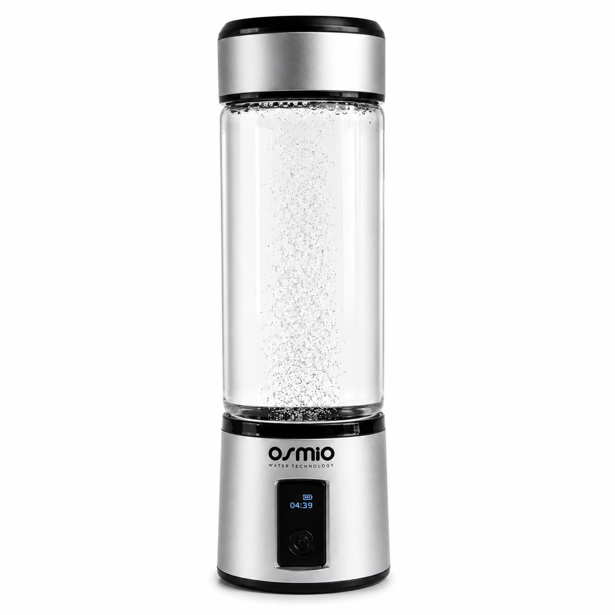 Clear hydrogen water generator with silver top and base on a white background