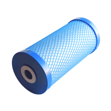 a blue whole house filter on a white back ground with the connection at the bottom