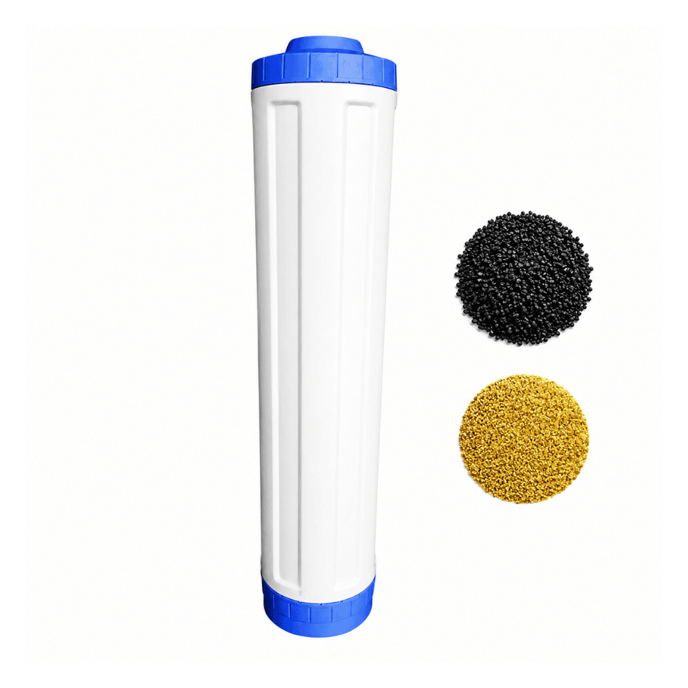 White whole house cylindrical filter with blue caps and two small samples of black and yellow granules on a white background