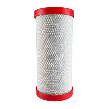 A whole house water filter replacement with mesh wrapped around and a red top and bottom, all on a white background