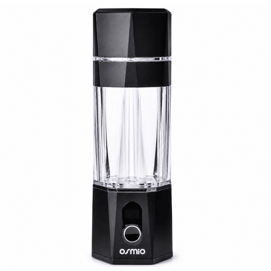 A black hydrogen water bottle with a clear jar and osmio brand logo on a white background