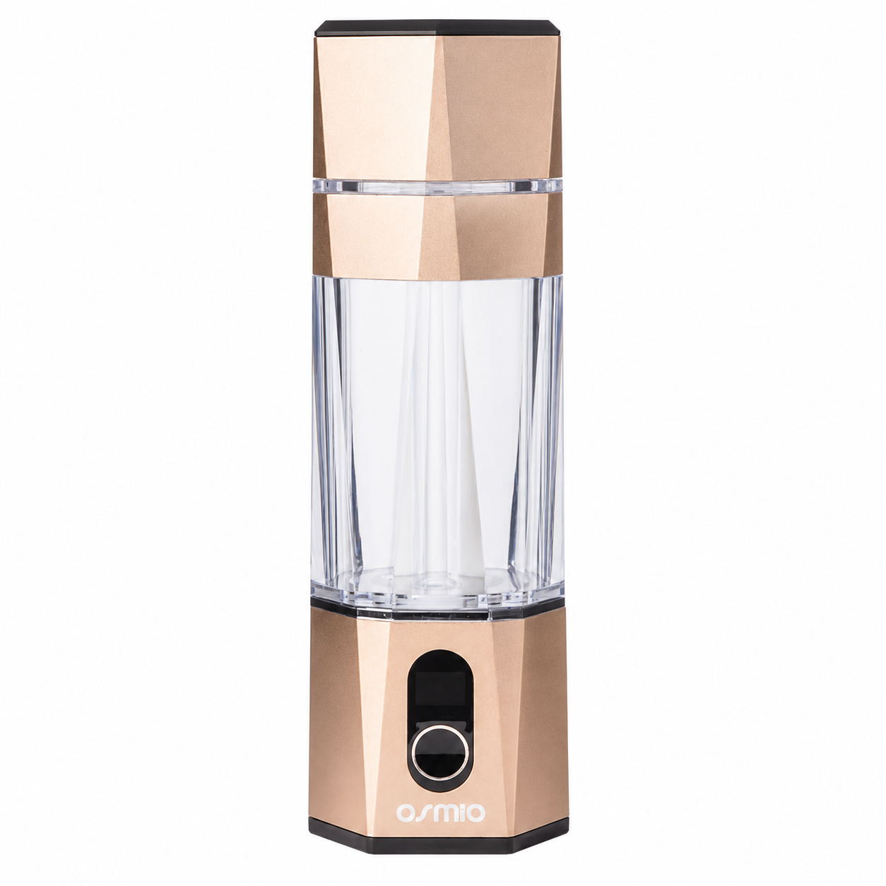 A hydrogen water bottle in gold with a clear jar and Osmio brand name