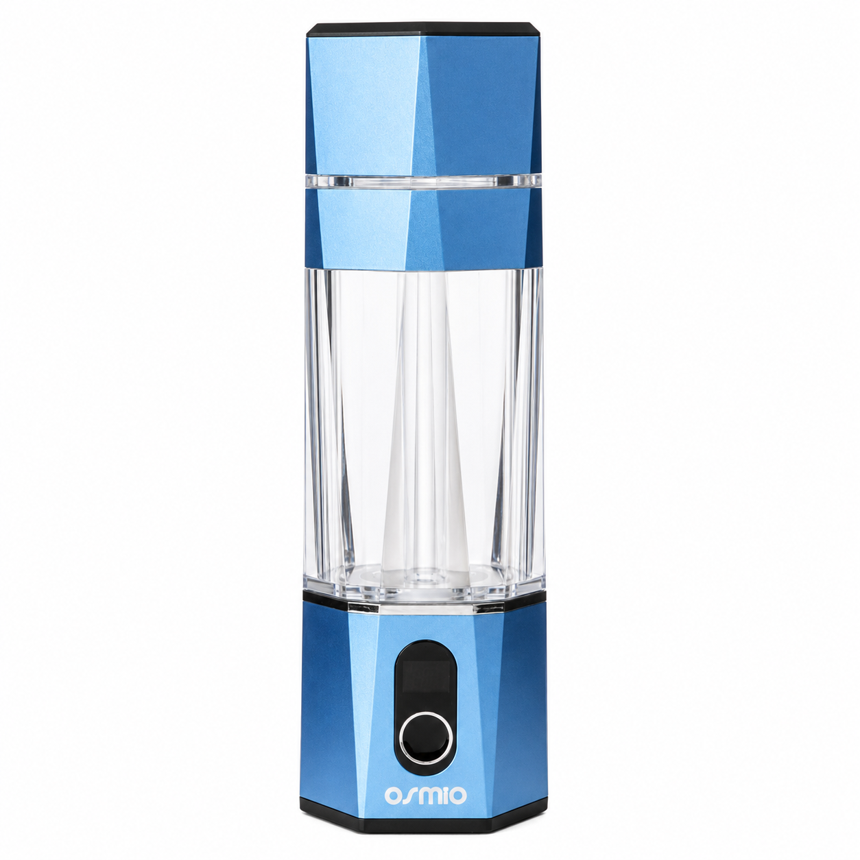 A blue hydrogen water generator in blue with osmio branding on a white background