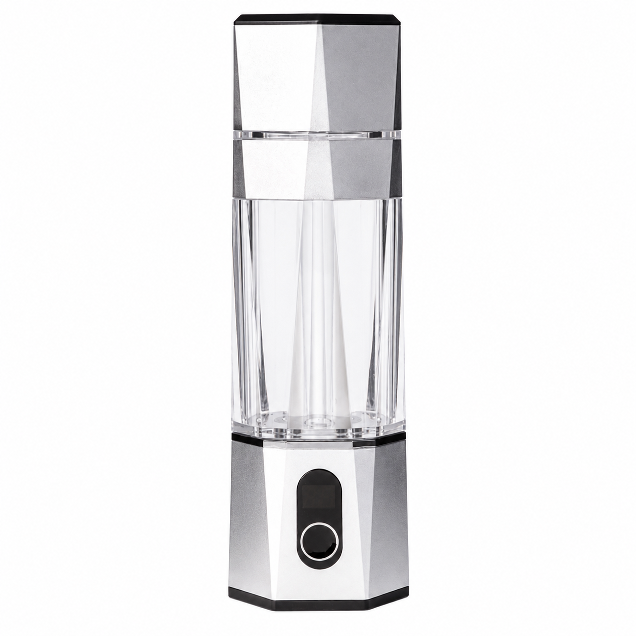A silver hydrogen water bottle with a clear jar on a white background