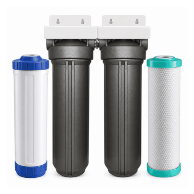 A whole house water filter kit with two dark gray cylindrical filter housings in the center and two replacement filter cartridges, one white with blue accents and one white with teal accents, shown on a plain white background.