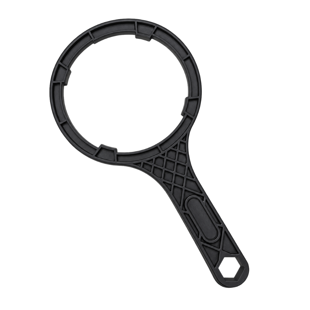 a black water filter spanner placed on a white background