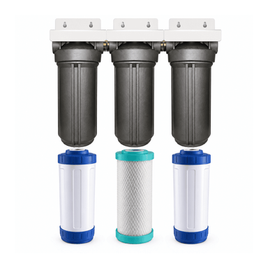 Three osmio whole house water filter system with three dark gray cylindrical canisters mounted on a white top housing, shown above three replacement filter cartridges in white, blue, and teal.